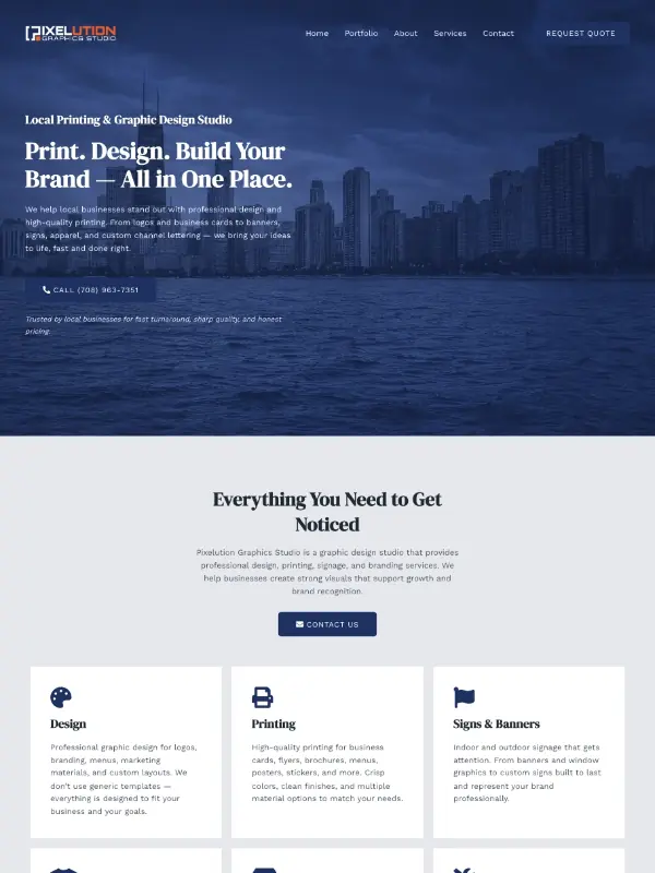 Pixelution Graphics Studio website — graphic design business