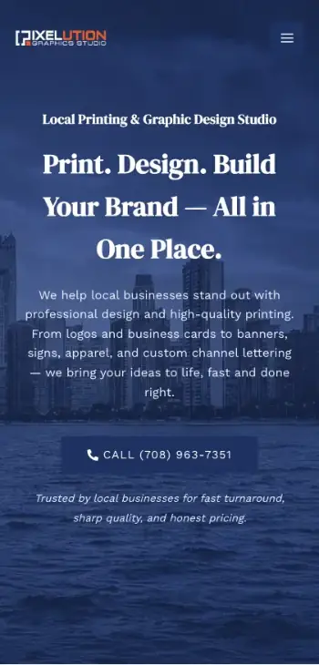 Portfolio website built for Pixelution Graphics design studio by Web Smith Chicago