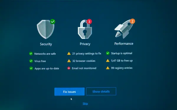 Computer security and performance dashboard showing system status checks